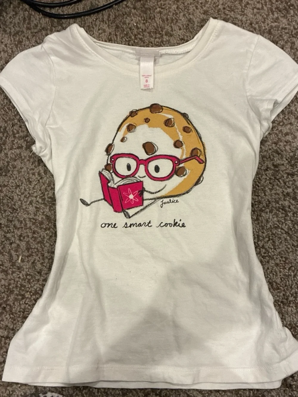 Justice White Tee with Pink-Glasses Cookie Graphic